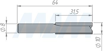 Размеры концевой пазовой фрезы D=10 мм, L=63 мм, B=32 мм, Z=2 (артикул C103.100.R)