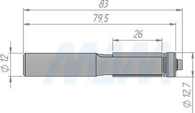 Размеры концевой обгонной фрезы с нижним подшипником D=12,7 мм, L=84 мм, B=25 мм (артикул E146.127.R)