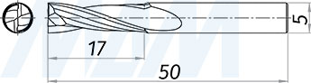 Размеры чистовой спиральной твердосплавной фрезы D5xL17, S5xGL50, 2 зуба, стружка вверх (артикул KF-112-05-17-5)