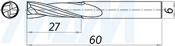 Размеры чистовой спиральной твердосплавной фрезы D6xL27, S6xGL60, 2 зуба, стружка вверх (артикул KF-112-06-27-6)