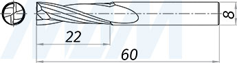Размеры чистовой спиральной твердосплавной фрезы D8xL22, S8xGL60, 2 зуба, стружка вверх (артикул KF-112-08-22-8)