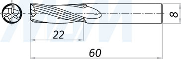 Размеры чистовой спиральной твердосплавной фрезы D8xL22, S8xGL60, 3 зуба, стружка вверх (артикул KF-113-08-22-8)