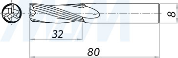 Размеры чистовой спиральной твердосплавной фрезы D8xL32, S8xGL80, 3 зуба, стружка вверх (артикул KF-113-08-32-8)