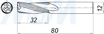 Размеры чистовой спиральной твердосплавной фрезы D12xL32, S12xGL80, 3 зуба, стружка вверх (артикул KF-113-12-32-12)