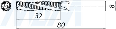 Размеры черновой спиральной твердосплавной фрезы D8xL32, S8xGL80, 3 зуба, стружка вверх (артикул KF-123-08-32-8)