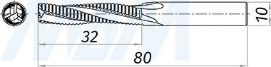 Размеры черновой спиральной твердосплавной фрезы D10xL32, S10xGL80, 3 зуба, стружка вверх (артикул KF-123-10-32-10)