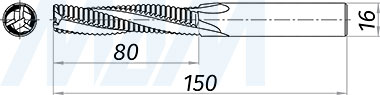 Размеры черновой спиральной твердосплавной фрезы D16xL80, S16xGL150, 3 зуба, стружка вверх (артикул KF-123-16-80-16)