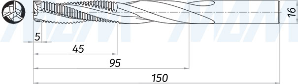 Размеры черновой (замковой) спиральной твердосплавной фрезы с пяткой D16xL5/45/95, S16xGL150, Z3, Up/Rh (артикул KF-123-16-95-16)