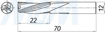 Размеры чистовой спиральной твердосплавной фрезы D12xL22, S12xGL70, 3 зуба, стружка вниз (артикул KF-213-12-22-12)