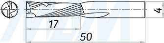Размеры компрессионной спиральной твердосплавной фрезы D4xL17, S4xGL50, 2+2 зуба, стружка вверх/вниз (артикул KF-312-04-17-4)