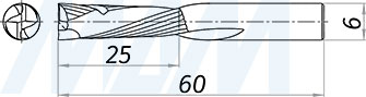 Размеры компрессионной спиральной твердосплавной фрезы D6xL25, S6xGL60, 2+2 зуба, стружка вверх/вниз (артикул KF-312-06-25-6)