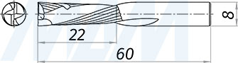 Размеры компрессионной спиральной твердосплавной фрезы D8xL22, S8xGL60, 2+2 зуба, стружка вверх/вниз (артикул KF-312-08-22-8)