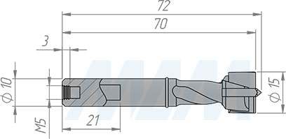 Размеры чашечного сверла, D=15мм, L=70мм, вращение правое (артикул L141.150.R)
