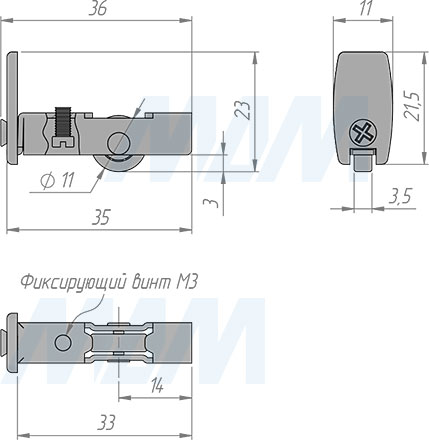 Размеры металлического ролика ДУКО в профиль для раздвижных дверей (артикул 21/A)