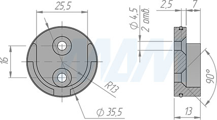 Размеры держателя для круглой трубы D25 мм (артикул HA073)