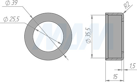 Размеры декоративной заглушки держателя для круглой трубы D25 мм (артикул HA073)