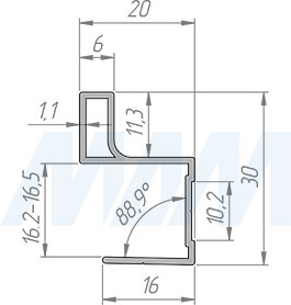 Размеры накладной профиль-ручки для фасада 16 мм (артикул PRH01)