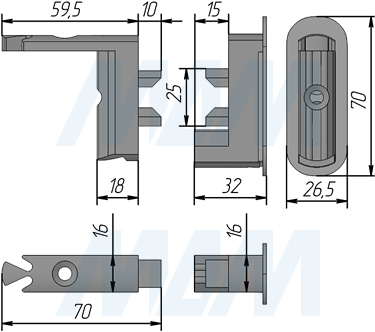 Размеры углового соединения SLIM с креплением к стене/потолку (артикул SL3524)