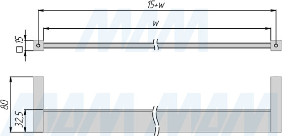 Размеры прямоугольной штанги VOGUE 30х8 мм, с демпфером (артикул TA0213T), чертеж 2
