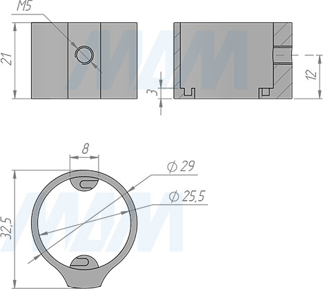 Размеры штангодержателя для круглой трубы D25 мм с винтом (артикул WA0611R), чертеж 1