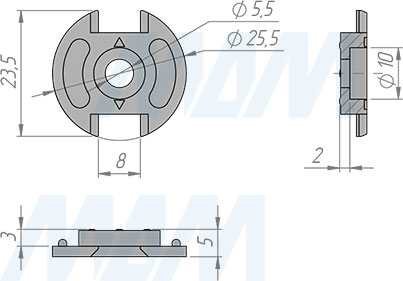 Размеры штангодержателя для круглой трубы D25 мм с винтом (артикул WA0611R), чертеж 2