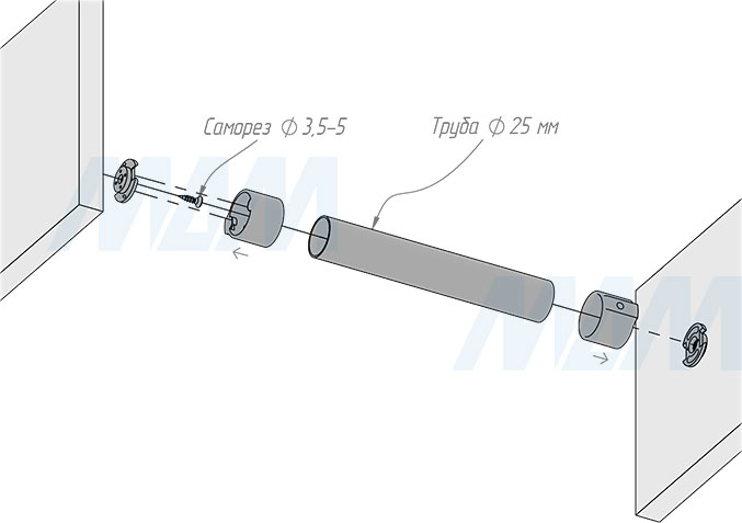 Установка штангодержателя для круглой трубы D25 мм с винтом (артикул WA0611R), схема 1