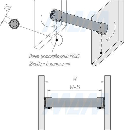 Установка штангодержателя для круглой трубы D25 мм с винтом (артикул WA0611R), схема 2