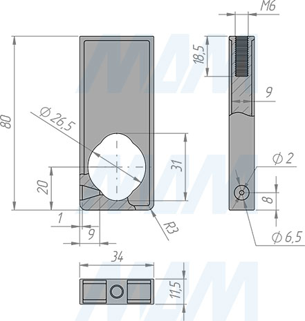 Размеры универсального штангодержателя для трубы D25 мм и 15x30 мм (артикул WA0613S)