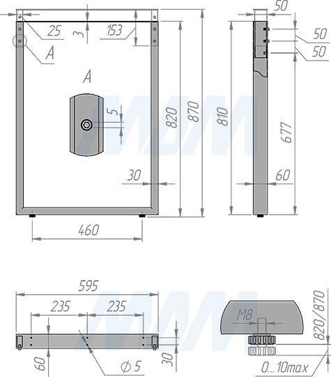 Размеры П-образной опоры для стола, сечение 60х30 мм, высота 820-870 мм, регулировка 10 мм (артикул ПТ60X30/820-870)