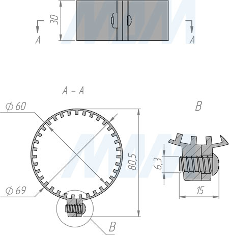 Размеры пластикового кольца для опоры диаметром 60 мм (артикул 516.BL)
