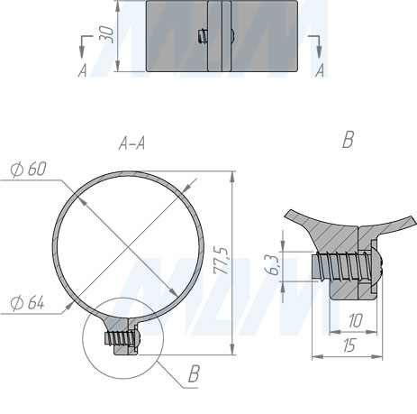 Размеры пластикового кольца с винтом для опоры диаметром 60 мм (артикул 520.BL)