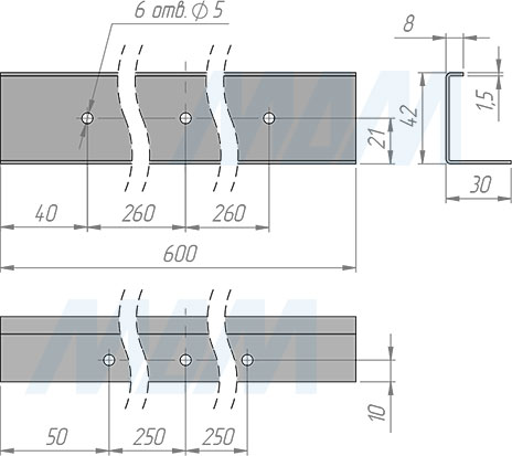 Размеры уголка длиной 600 мм для крепления столешницы к стене (артикул ANG.01.600)