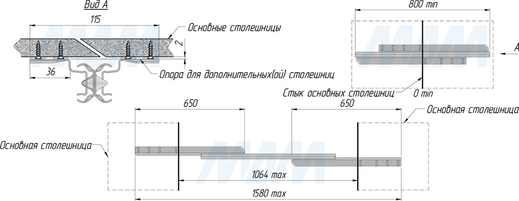 Размеры бесцаргового несинхронизированного механизма для раздвижного стола, 800/1580 мм (артикул BOSTON)