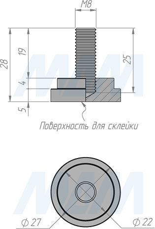Размеры элемента для клейки стекла с винтом М8 на трубу диаметрjv 25 мм (артикул C25 ST M8)