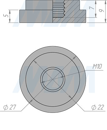 Размеры элемента для клейки стекла без винта на трубу диаметром 25 мм (артикул C25/V ST)