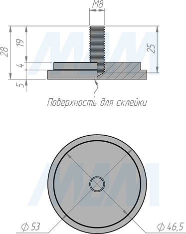Размеры элемента для клейки стекла с винтом М8 на трубу диаметром 50 мм (артикул C50 ST M8)