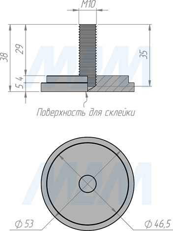 Размеры элемента для клейки стекла с винтом М10 на трубу диаметром 50 мм (артикул C50 ST)