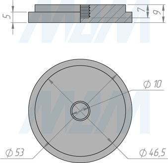 Размеры элемента для клейки стекла без винта на трубу диаметром 50 мм (артикул C50/V ST)