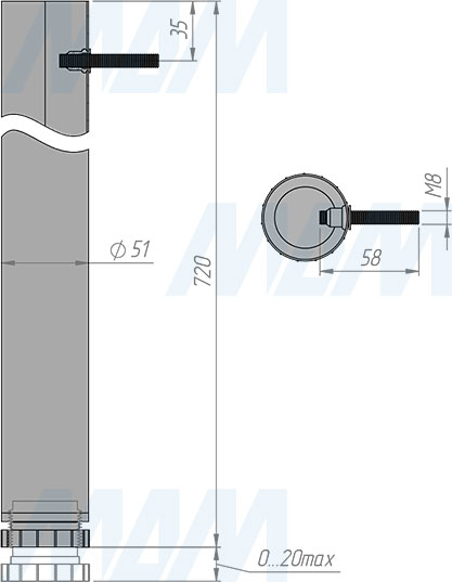 Размеры опоры для царгового стола, диаметр 50 мм, высота 720 мм, регулировка 20 мм (артикул LEG50X720 MT CC)