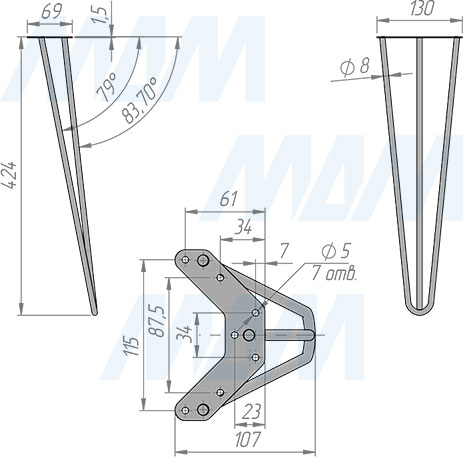 Размеры V-образной опоры LOFT для стола, 111х430 мм (артикул LFT111x430)