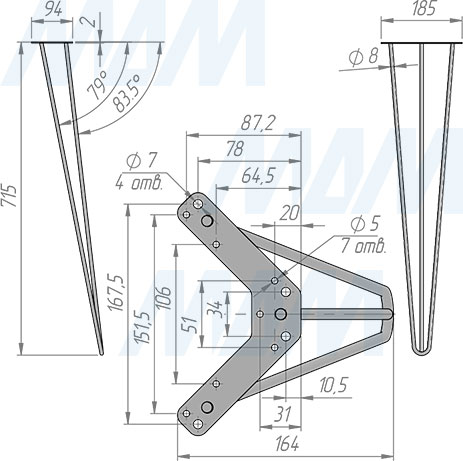 Размеры V-образной опоры LOFT для стола, 151х715 мм (артикул LFT151x715)