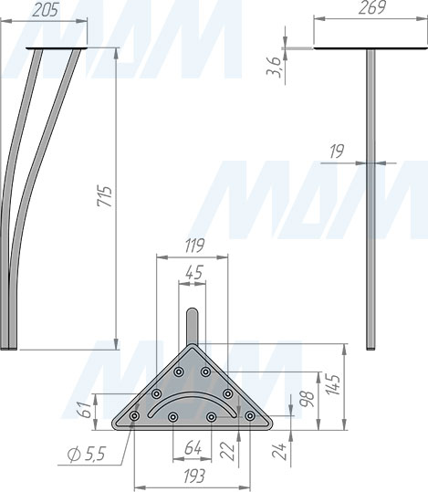 Размеры V-образной опоры для стола, высота 720 мм (артикул LS720)