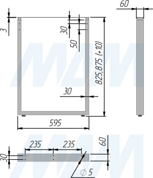 Размеры П-образной опоры для стола 60х30 мм высотой 825-875 мм и с регулировкой 10 мм (артикул ПТ60X30/820-870)