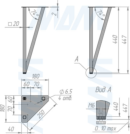 Размеры V-образная опоры PIN для стола, сечение 20x20 мм, высота 450 мм, регулировка 10 мм (артикул PIN180x450