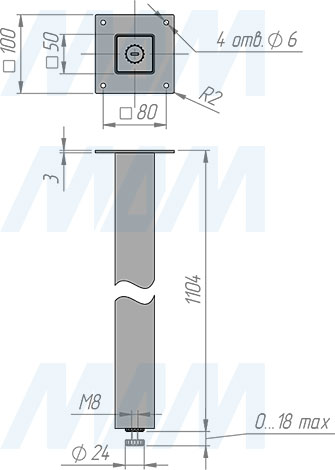 Размеры квадратной опоры ПАЛИНИ для стола, сечение 50x50 мм, высота 1104 мм, регулировка 18 мм (артикул PNS50X50/1100