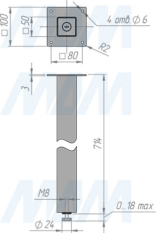 Размеры квадратной опоры ПАЛИНИ для стола, сечение 50x50 мм, высота 714 мм, регулировка 18 мм (артикул PNS50X50/710
