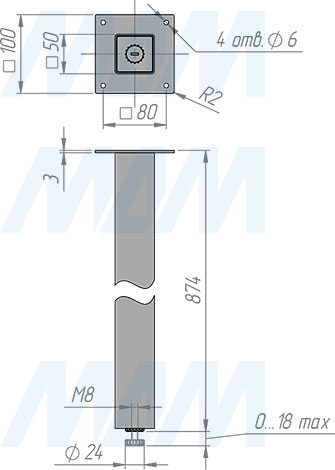 Размеры квадратной опоры ПАЛИНИ для стола, сечение 50x50 мм, высота 874 мм, регулировка 18 мм (артикул PNS50X50/870