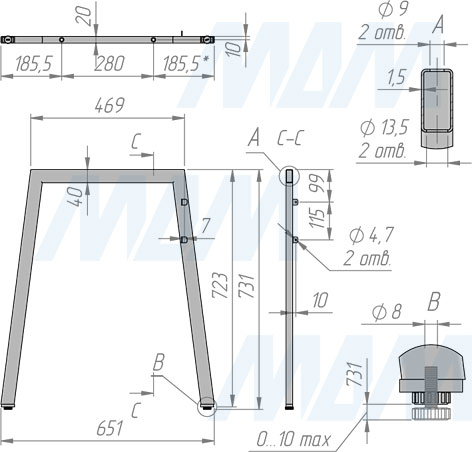 Размеры трапециевидной опоры для стола, сечение 40х20 мм, высота 731 мм, регулировка 10 мм