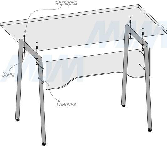Монтаж трапециевидной опоры для стола, сечение 40х20 мм, высота 731 мм, регулировка 10 мм