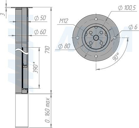 Размеры выдвижной опоры для стола, диаметр 60/50 мм, высота 710-1100 мм, регулировка 160 мм (артикул TG609.710)